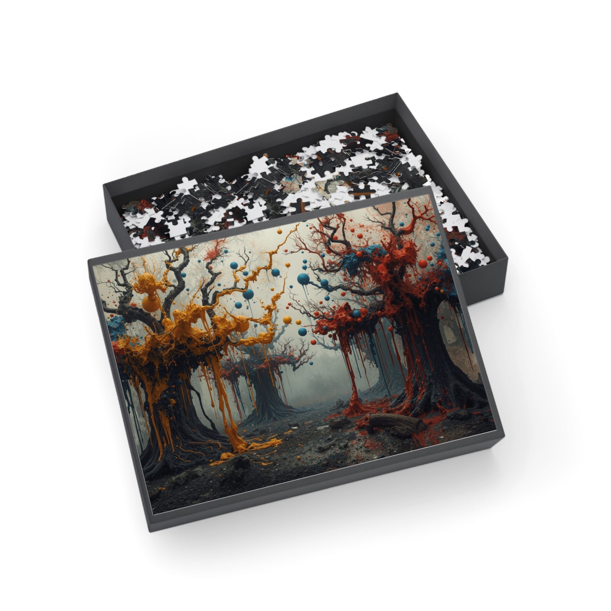 CONJURE surreal paint forest art puzzle by Scattercrate — gnarled trees dripping gold and crimson