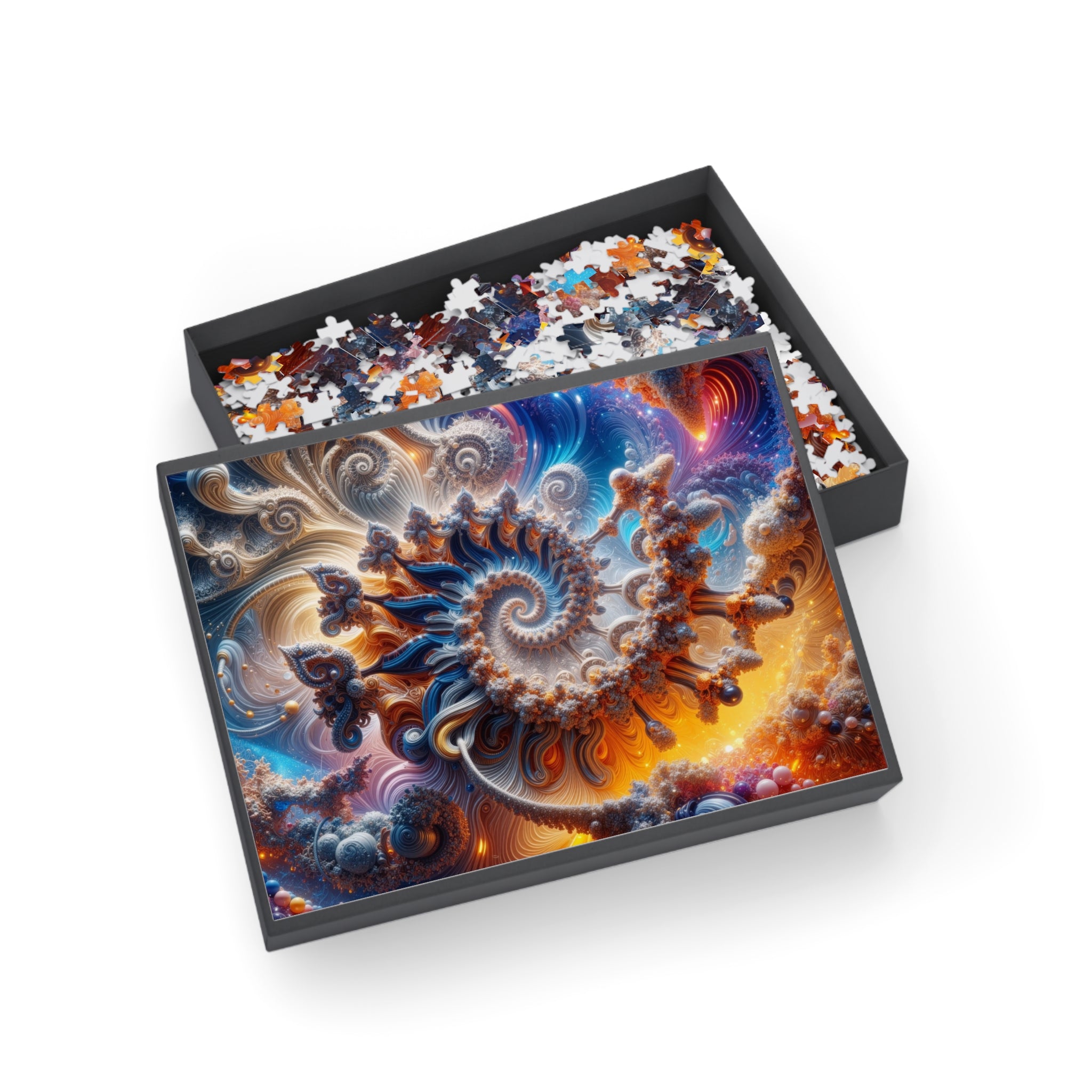 AMMONITE cosmic spiral shell jigsaw puzzle by Scattercrate — icy blue fractal coil against molten gold