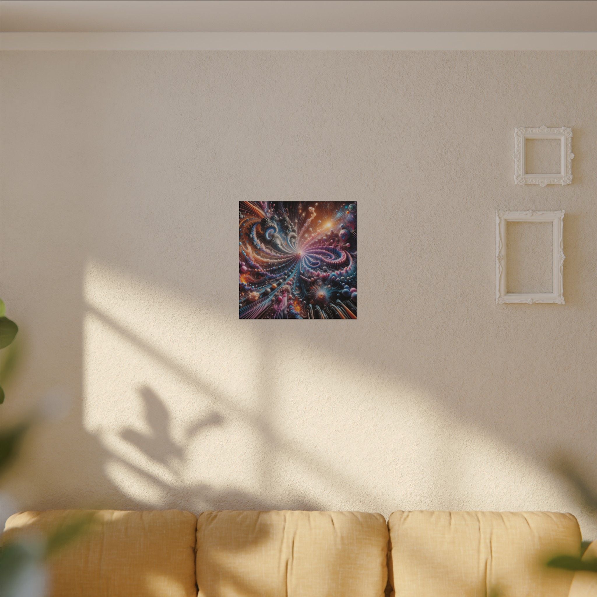 PULSAR radiant fractal burst canvas print by Scattercrate — amber and blue-violet spirals exploding from a point of light