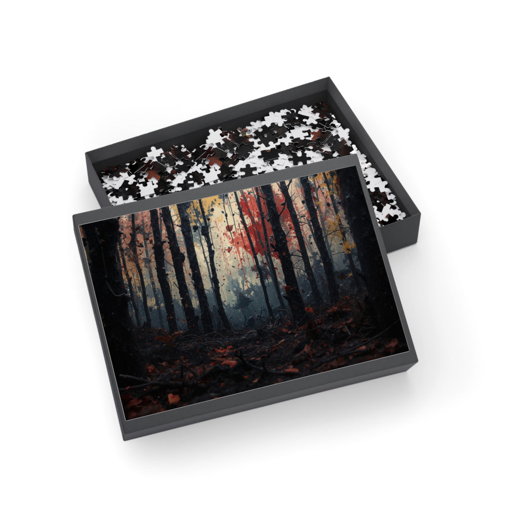 HUSHWOOD 500-piece abstract forest art puzzle by Scattercrate — hushed moody forest jigsaw gift