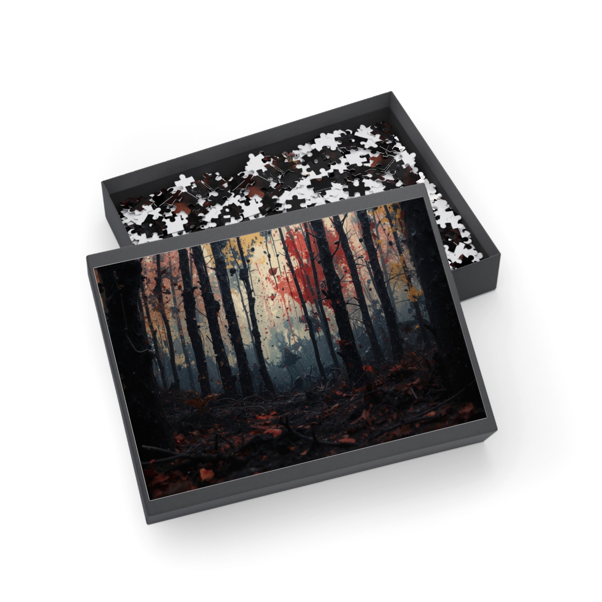 HUSHWOOD 500-piece abstract forest art puzzle by Scattercrate — hushed moody forest jigsaw gift
