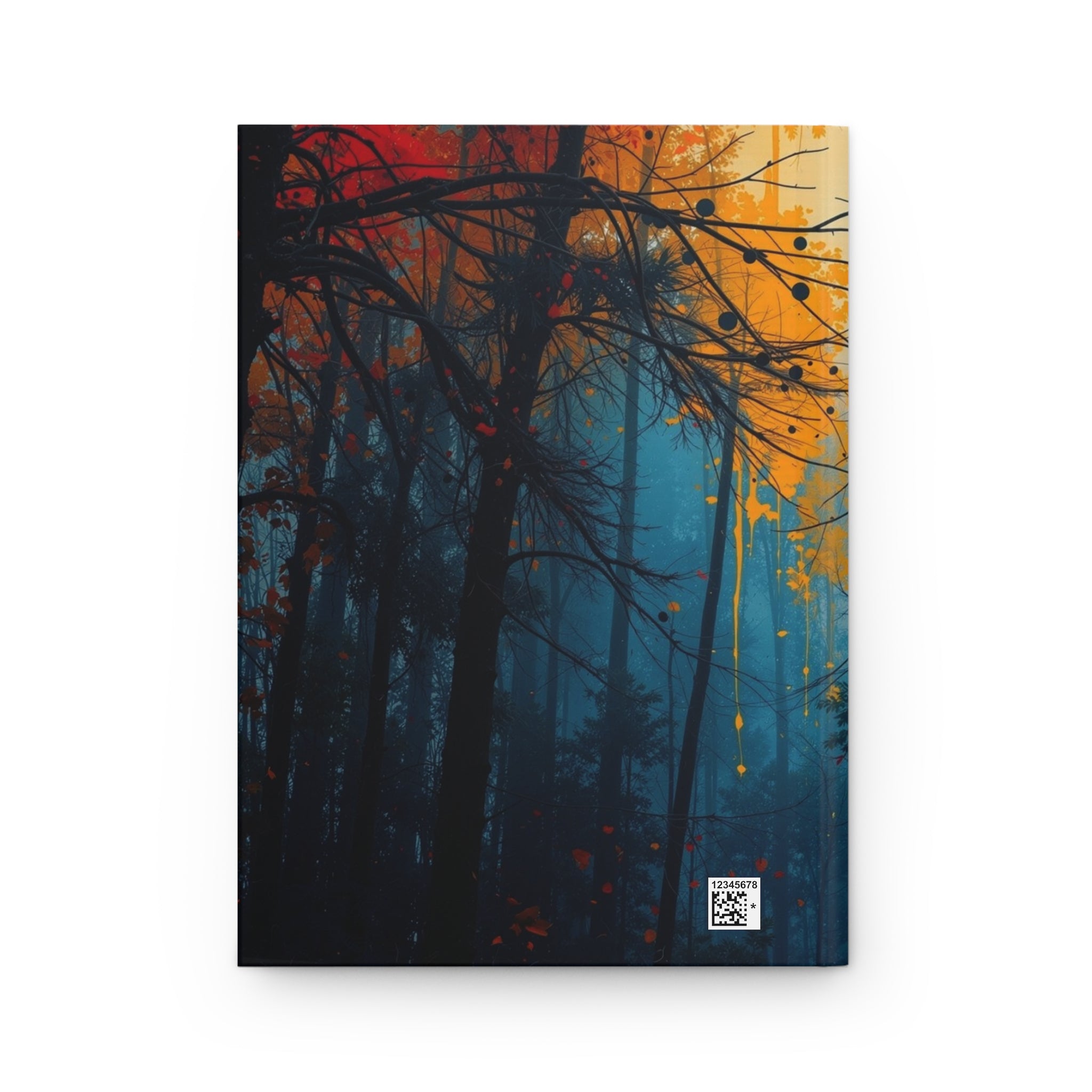 SCORCHGROVE fire dusk forest hardcover art journal by Scattercrate — cinematic crimson canopy gold light