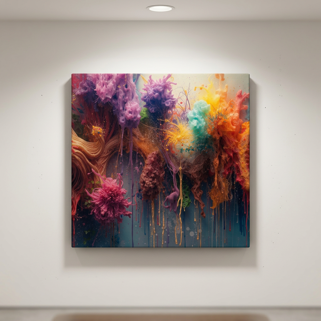 Spectrumdrip canvas print by Scattercrate — gold, teal, magenta, and violet ink running in slow drips