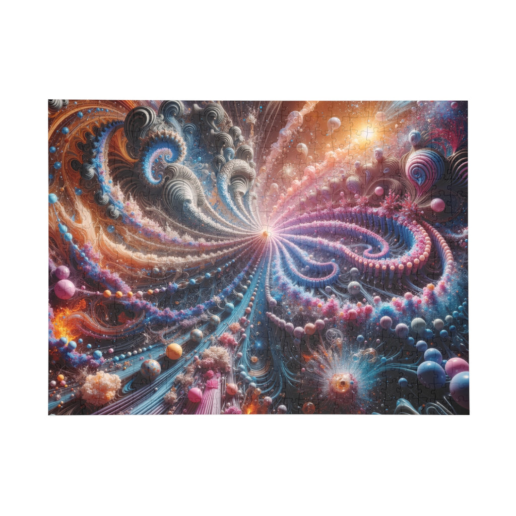 PULSAR radiant fractal burst jigsaw puzzle by Scattercrate — amber and blue-violet spirals exploding from a point of light