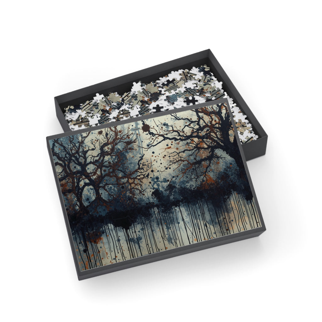 DUSKWOOD bare tree ink forest art puzzle by Scattercrate — misty winter copper splatters