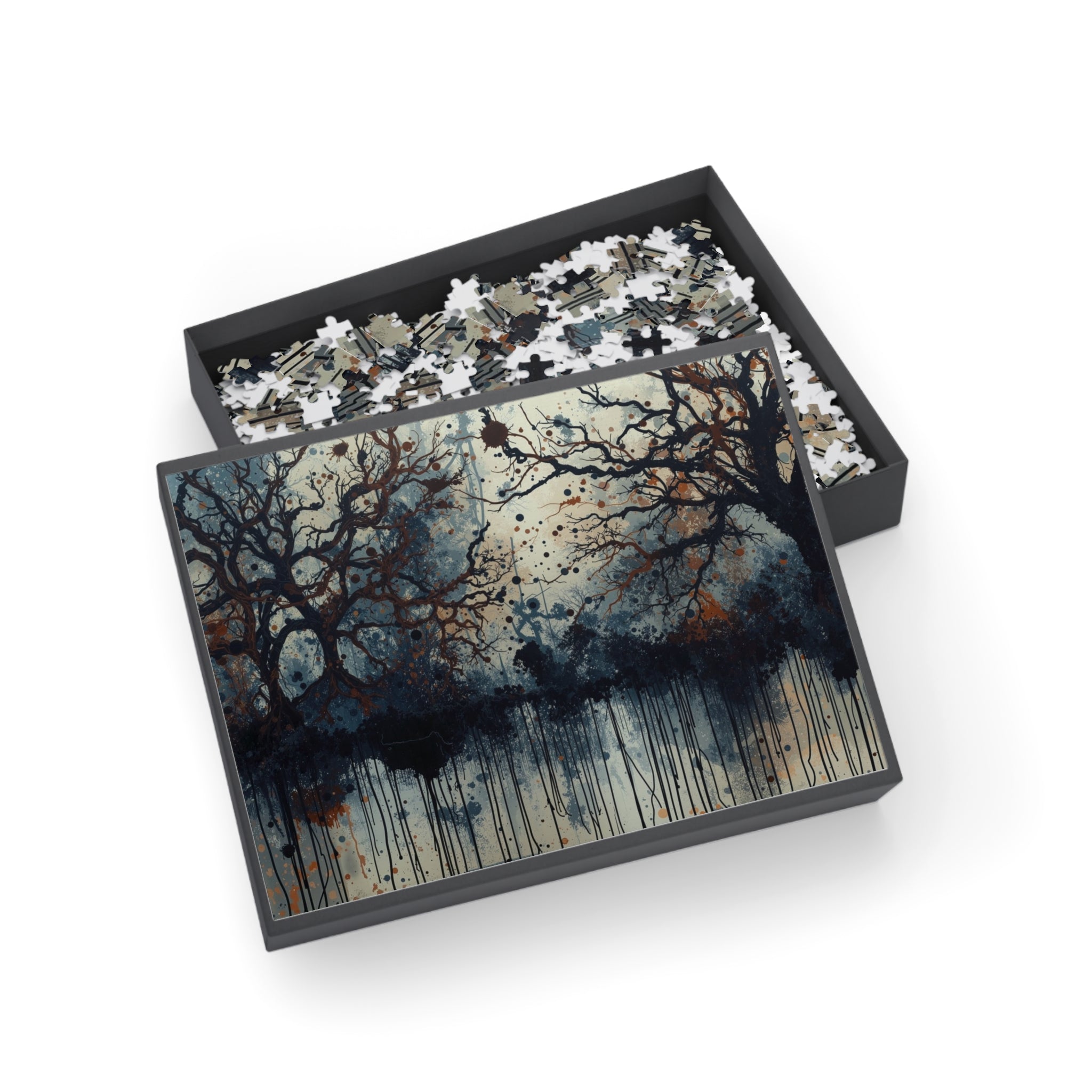 DUSKWOOD bare tree ink forest art puzzle by Scattercrate — misty winter copper splatters