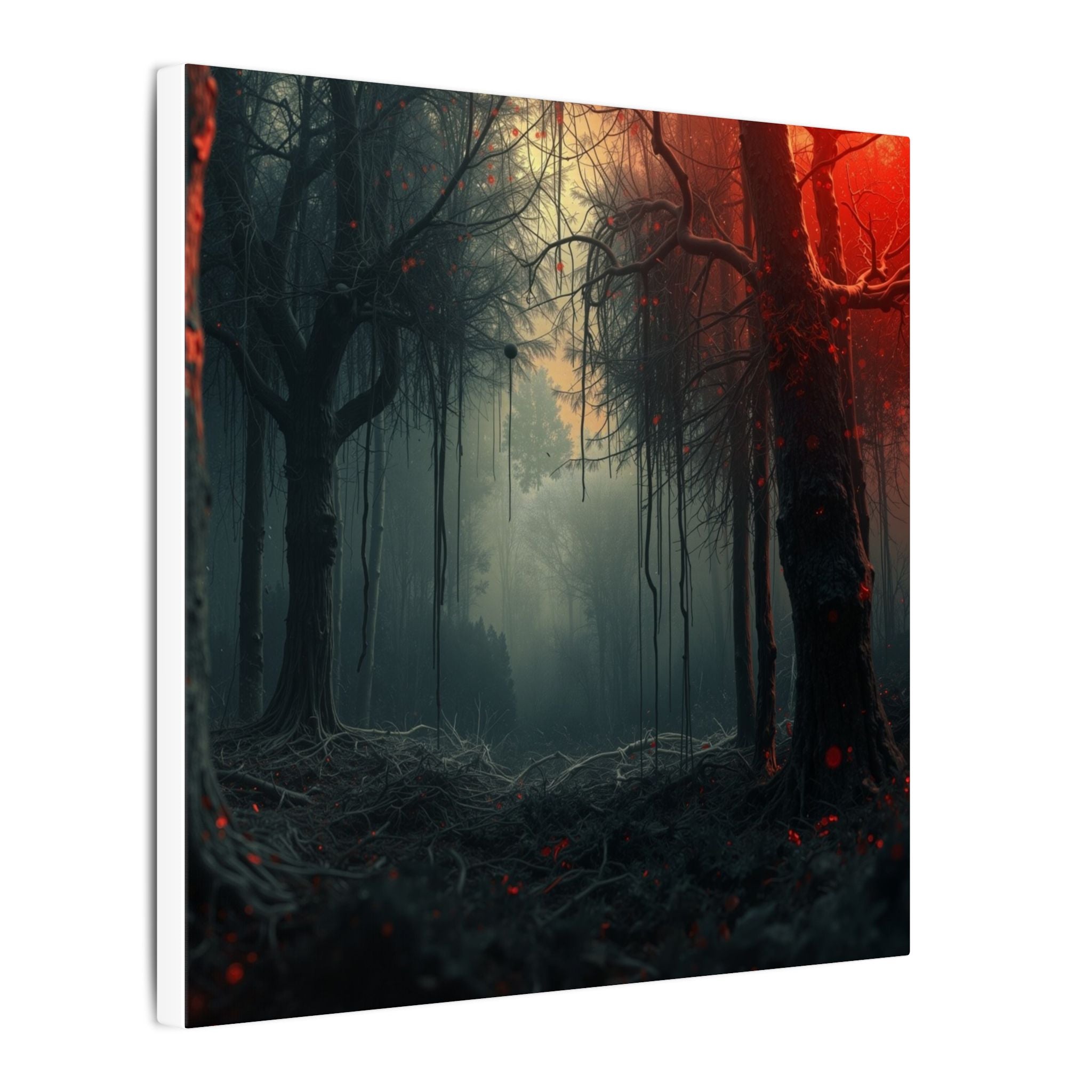 CRIMSONVEIL crimson canopy misty forest framed canvas wall art by Scattercrate — deep red moody decor