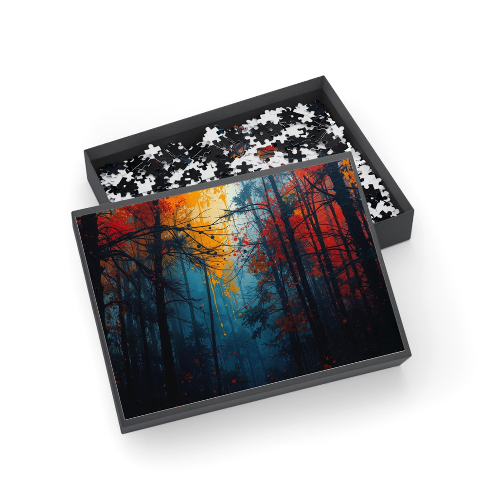SCORCHGROVE fire dusk forest art puzzle by Scattercrate — cinematic crimson canopy gold light