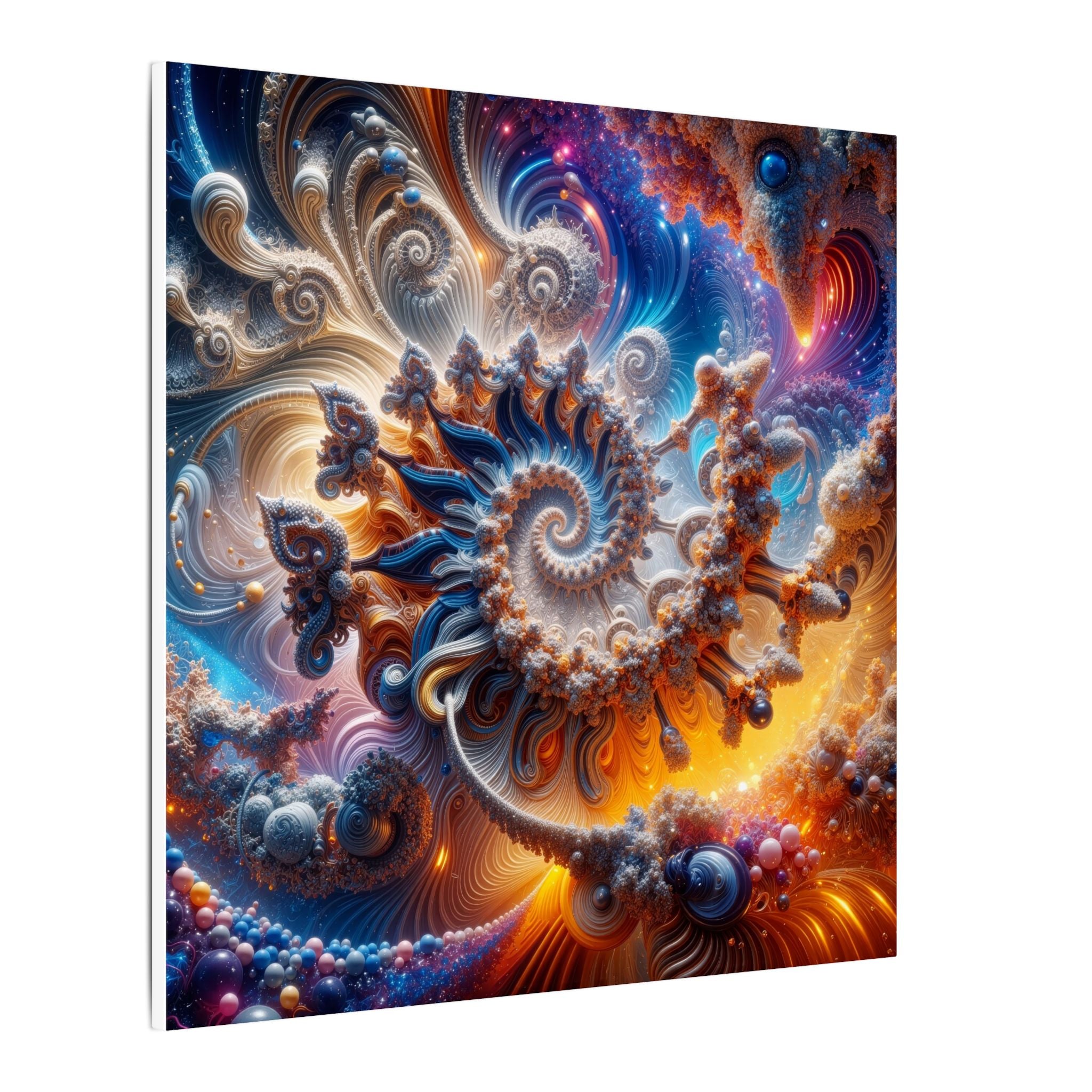 AMMONITE cosmic spiral shell canvas print by Scattercrate — icy blue fractal coil against molten gold