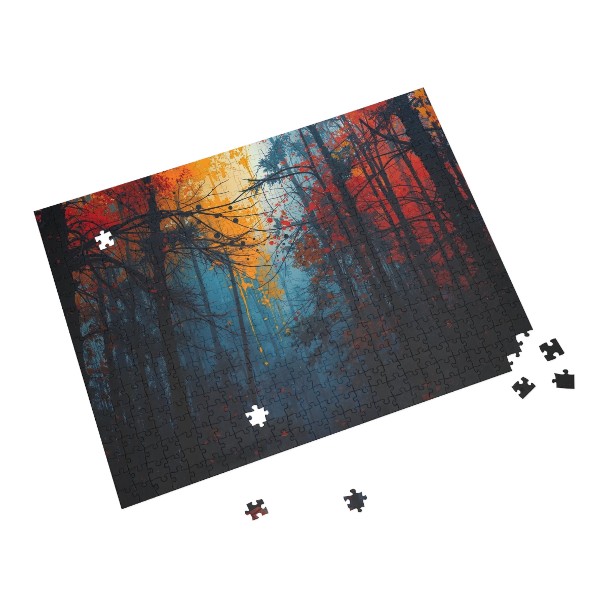 SCORCHGROVE fire dusk forest art puzzle by Scattercrate — cinematic crimson canopy gold light
