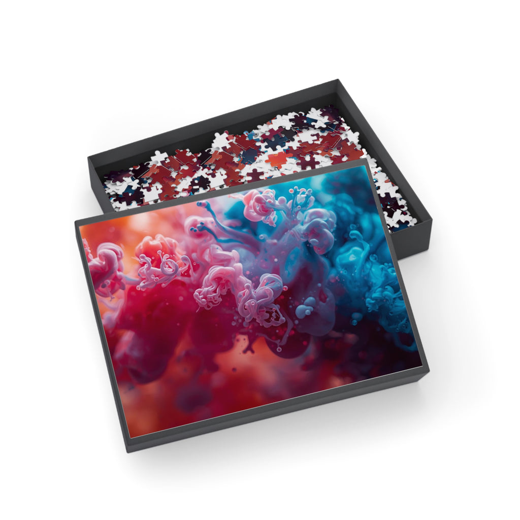 Marblewave 500-piece jigsaw puzzle by Scattercrate — red and blue ink swirl art