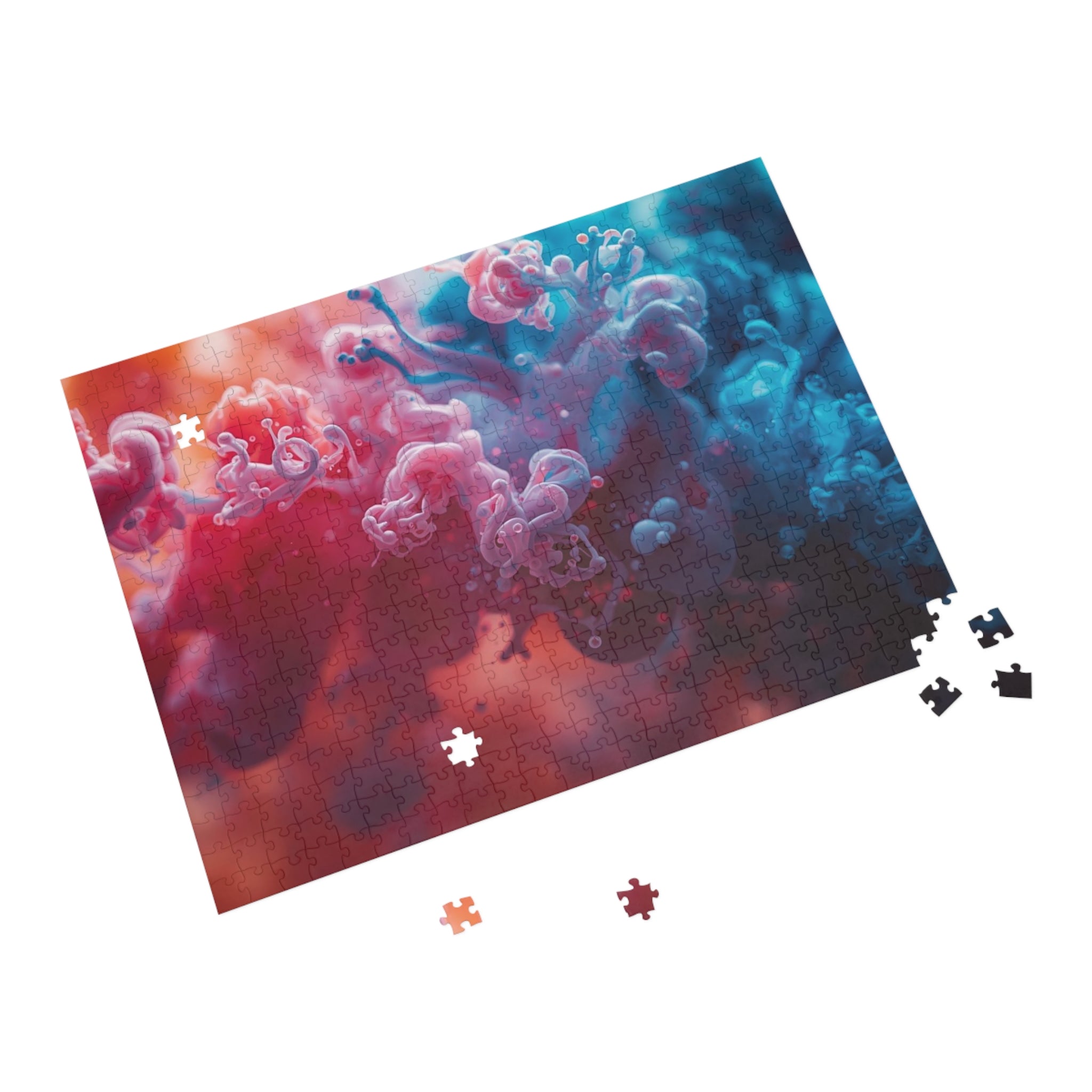 Marblewave 500-piece jigsaw puzzle by Scattercrate — red and blue ink swirl art