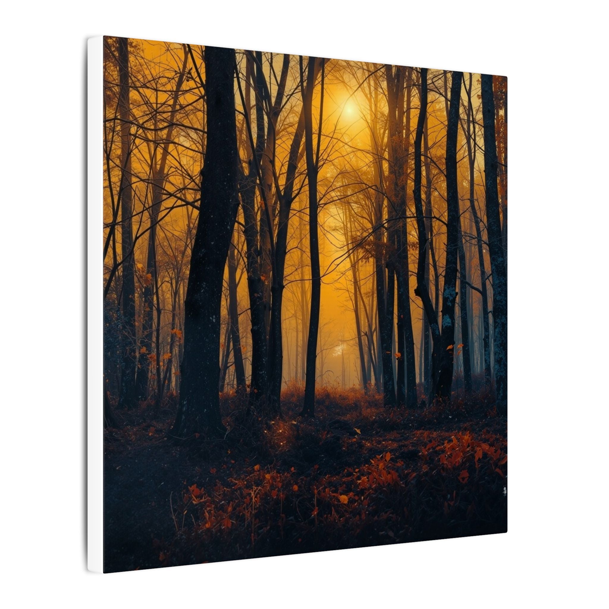 GOLDFALL molten gold dusk forest framed canvas wall art by Scattercrate — golden moody forest decor