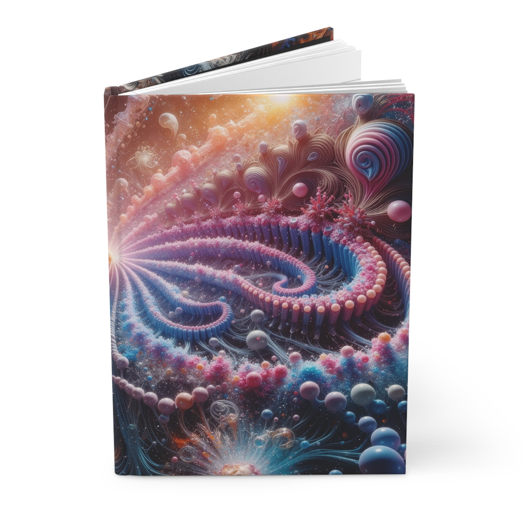 PULSAR radiant fractal burst hardcover journal by Scattercrate — amber and blue-violet spirals exploding from a point of light
