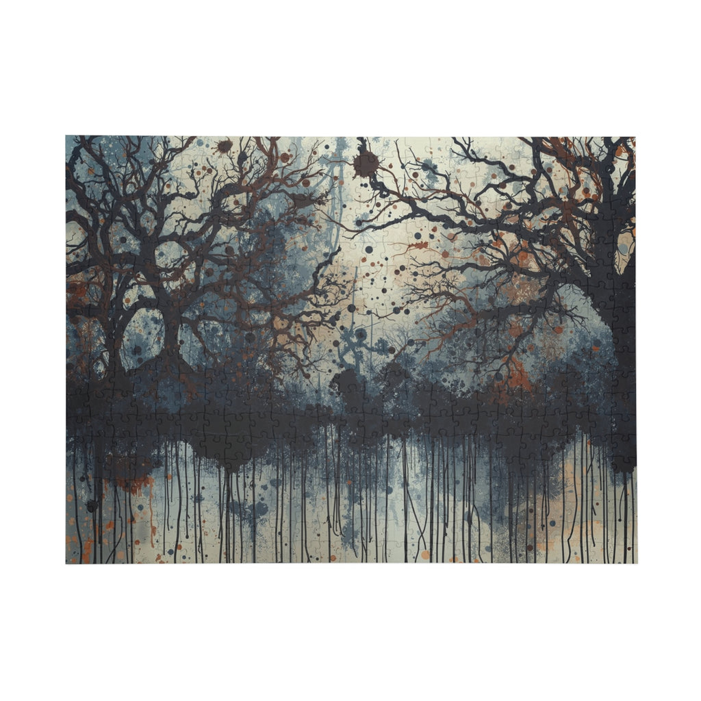 DUSKWOOD bare tree ink forest art puzzle by Scattercrate — misty winter copper splatters