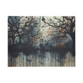 DUSKWOOD bare tree ink forest art puzzle by Scattercrate — misty winter copper splatters