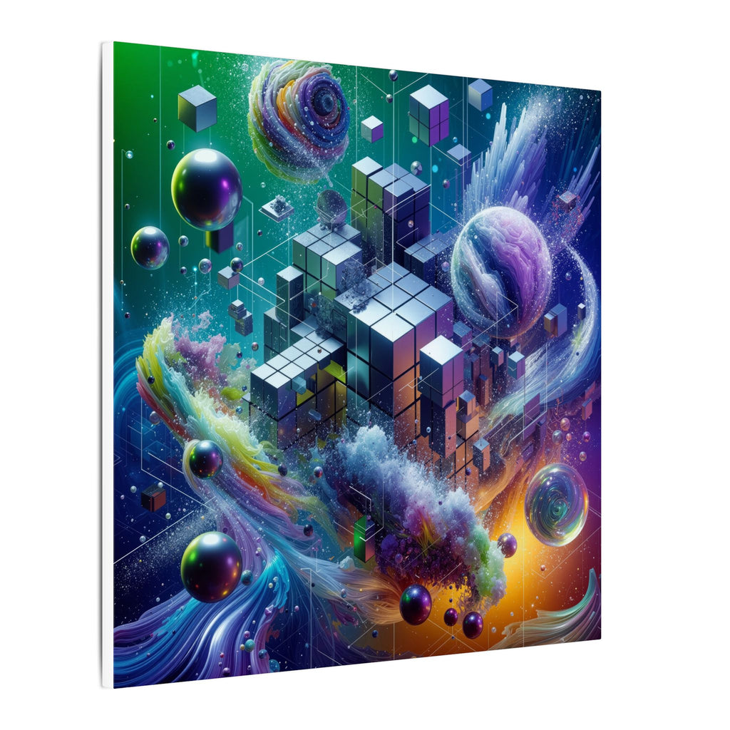 VOXEL chrome geometric cosmos canvas print by Scattercrate — mirror cubes suspended in a green-violet nebula