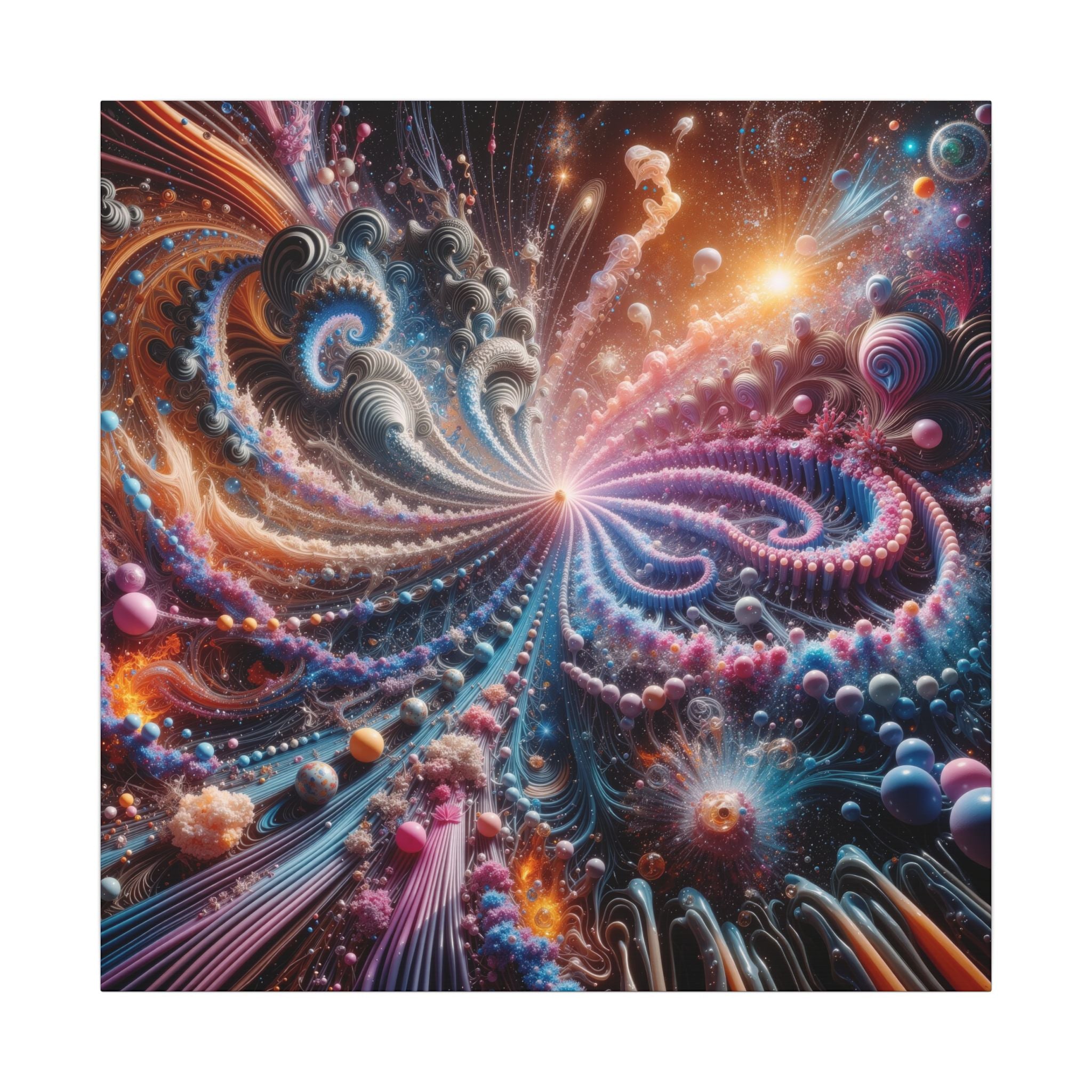 PULSAR radiant fractal burst canvas print by Scattercrate — amber and blue-violet spirals exploding from a point of light