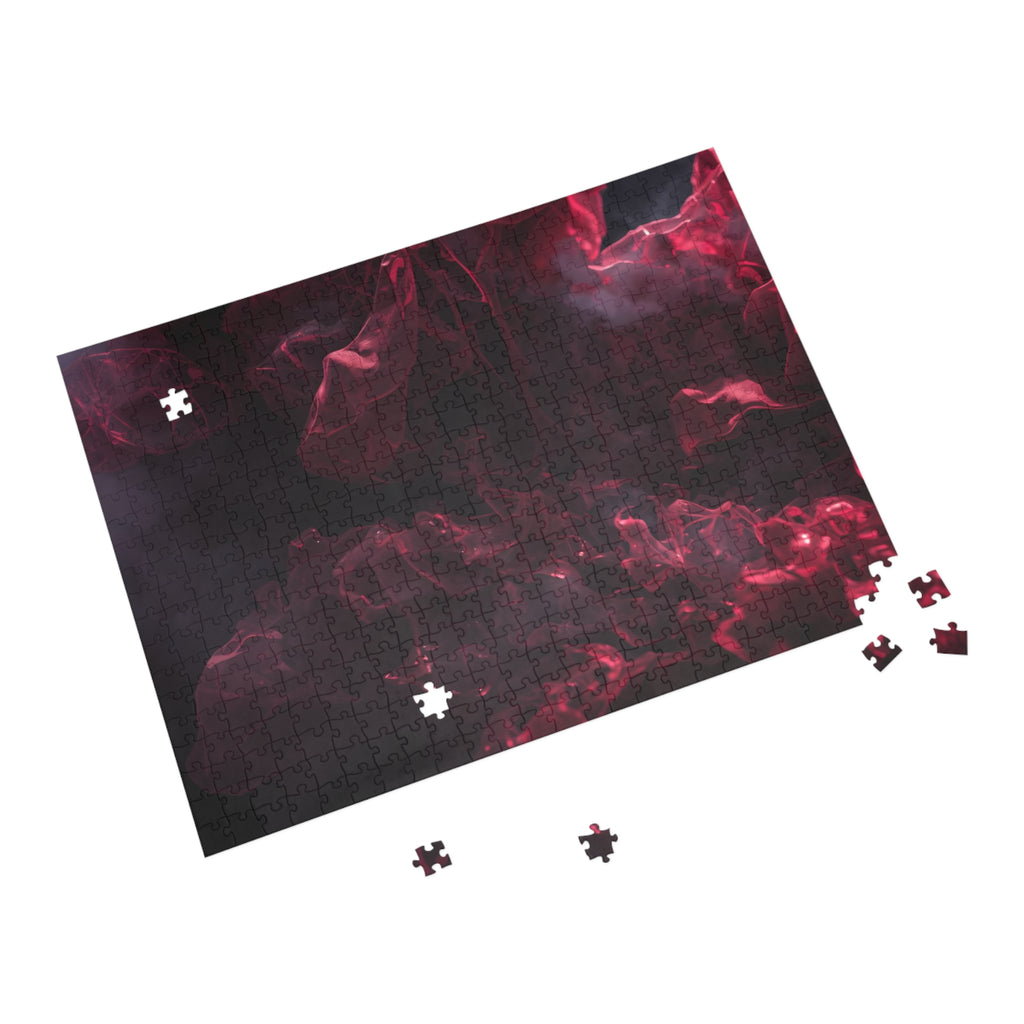 Scarletveil puzzle by Scattercrate — crimson silk folds in cold fog