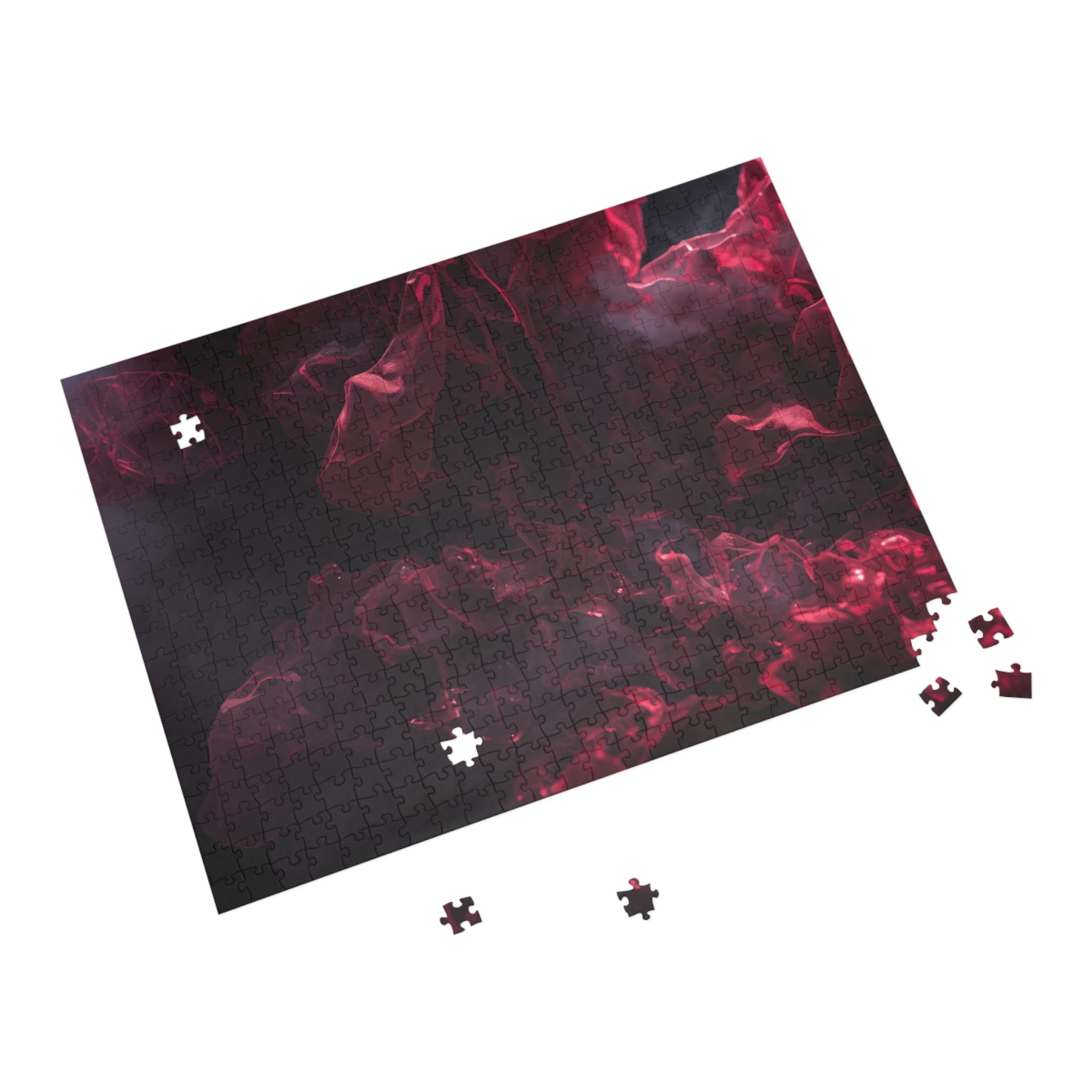 Scarletveil puzzle by Scattercrate — crimson silk folds in cold fog