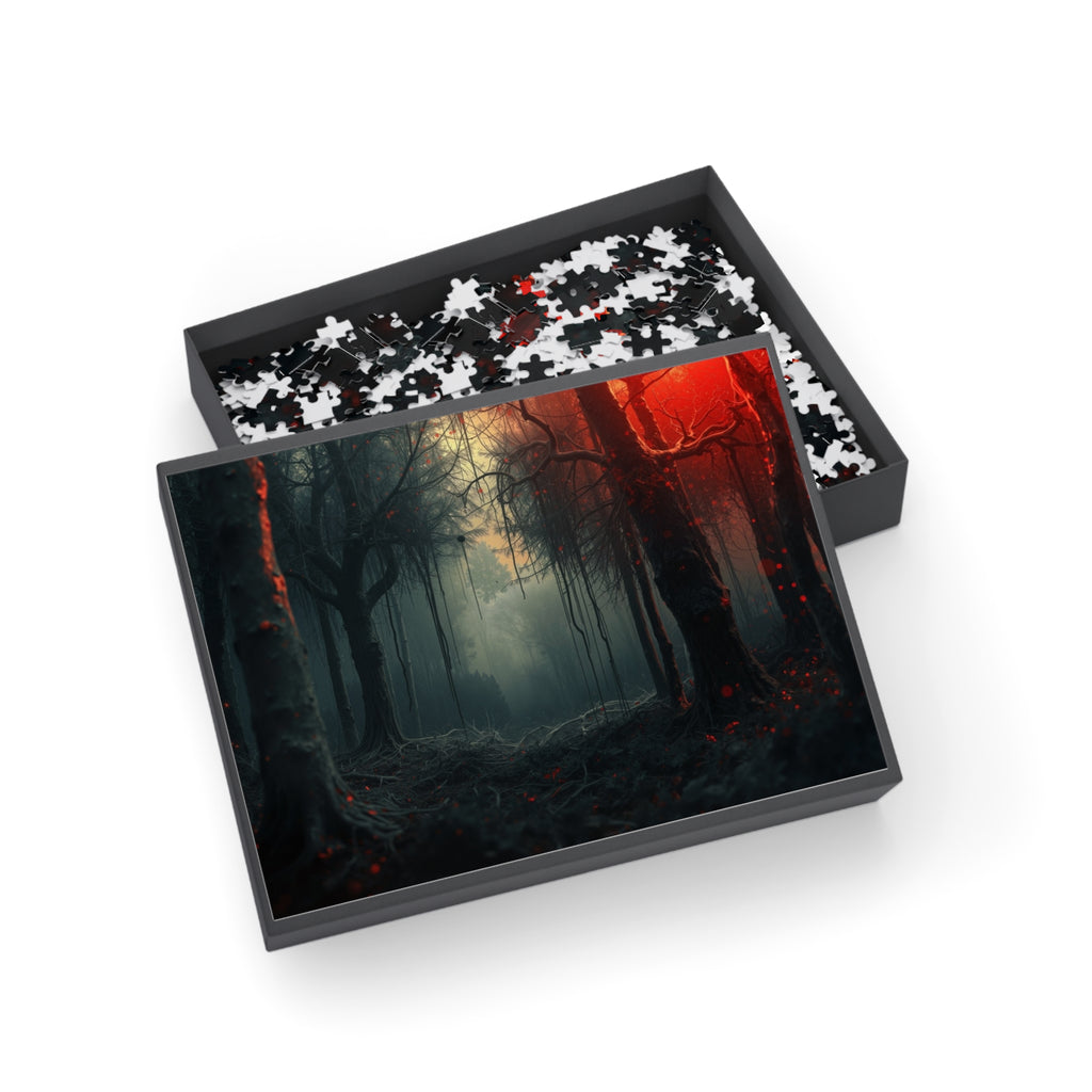 CRIMSONVEIL 500-piece misty crimson forest art puzzle by Scattercrate — deep red moody forest jigsaw gift