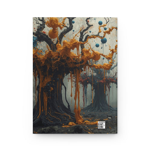 CONJURE surreal paint forest hardcover art journal by Scattercrate — gnarled trees dripping gold and crimson