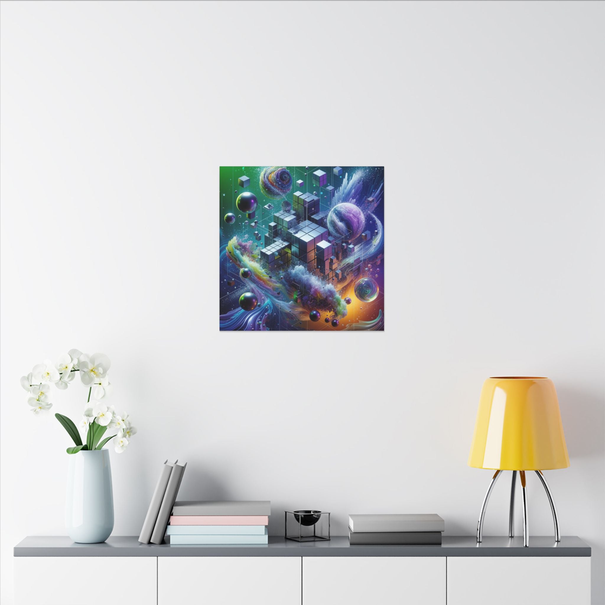 VOXEL chrome geometric cosmos canvas print by Scattercrate — mirror cubes suspended in a green-violet nebula