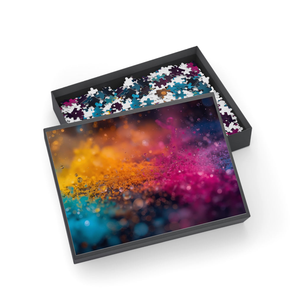 DEWBURST art puzzle by Scattercrate — vibrant powder splatter with dew-lit particles