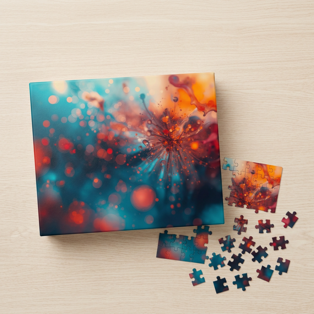Radiantburst 500-piece puzzle by Scattercrate — a radiant burst of teal, coral, and gold ink