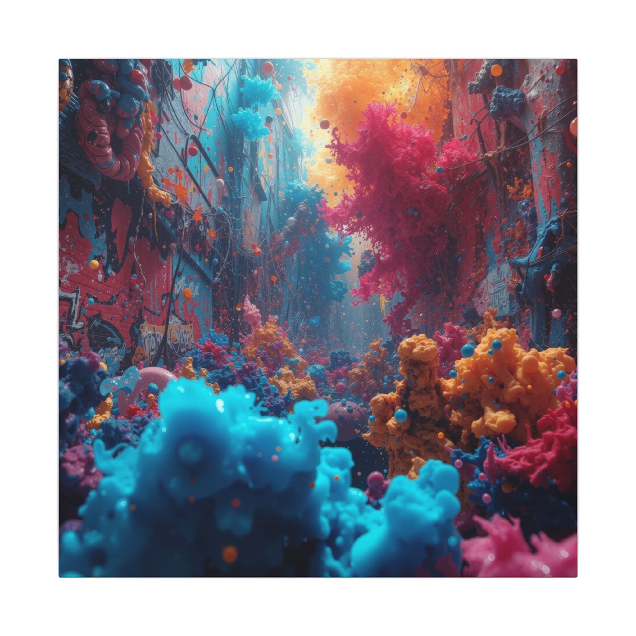 Alleybloom canvas print by Scattercrate — graffiti coral ink blooms on a tagged alley wall
