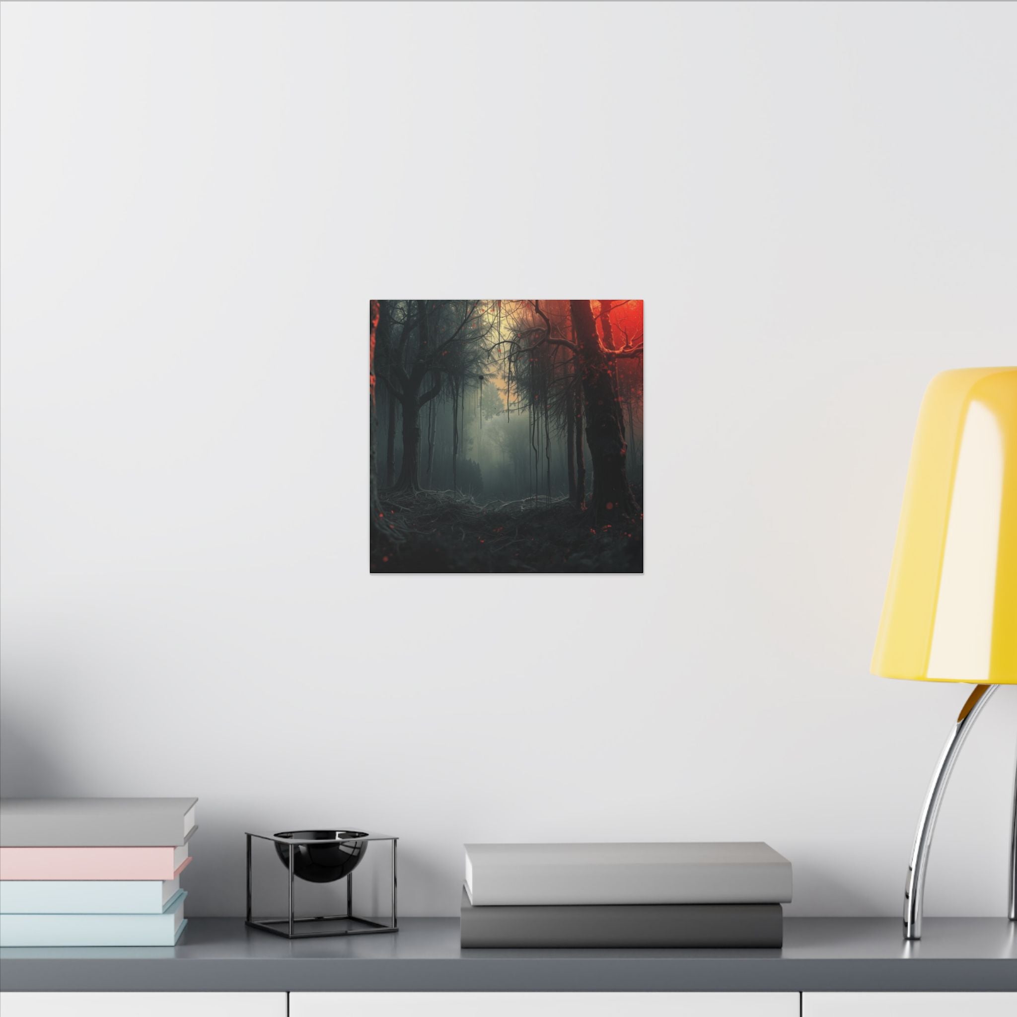 CRIMSONVEIL crimson canopy misty forest framed canvas wall art by Scattercrate — deep red moody decor