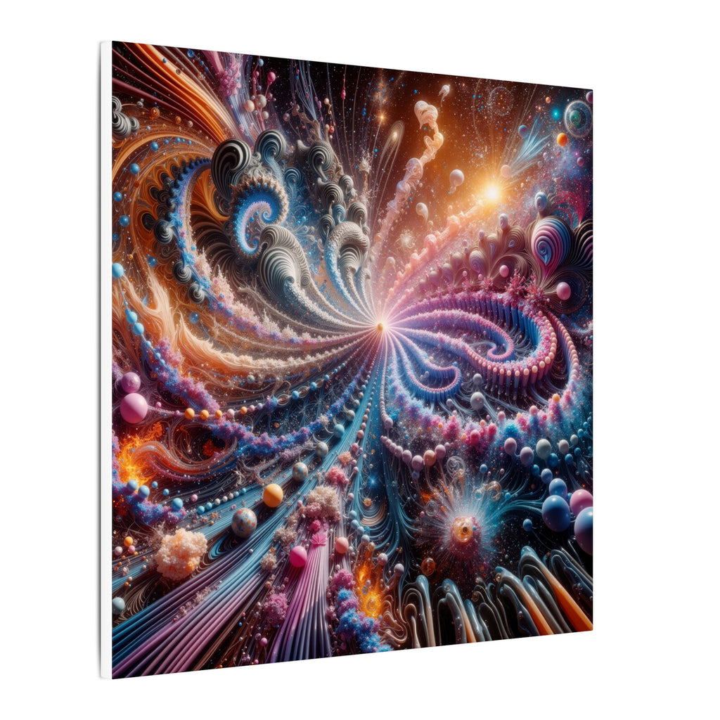 PULSAR radiant fractal burst canvas print by Scattercrate — amber and blue-violet spirals exploding from a point of light
