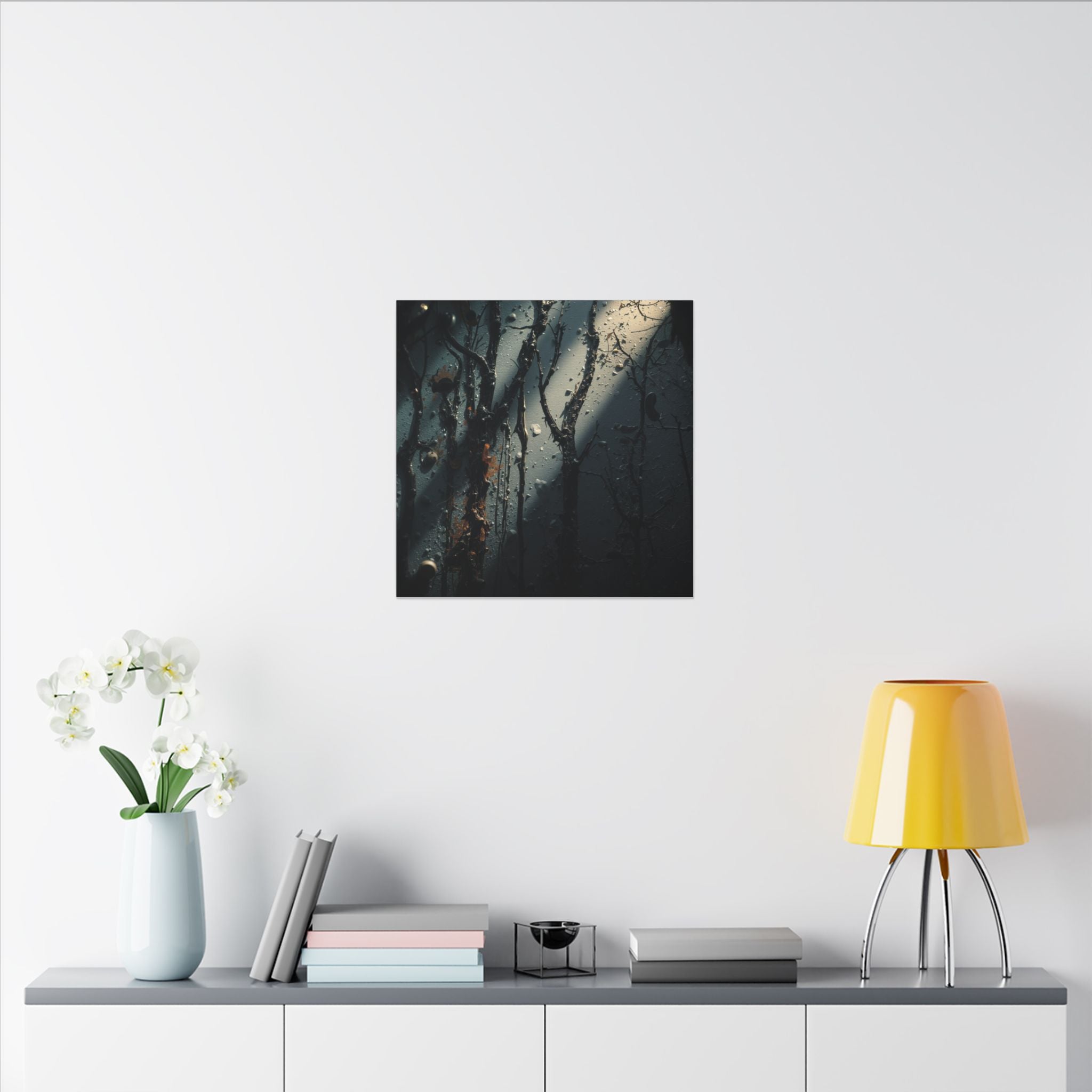 MOONVEIL moonbeam nocturne forest framed canvas wall art by Scattercrate — moonlit blue moody decor
