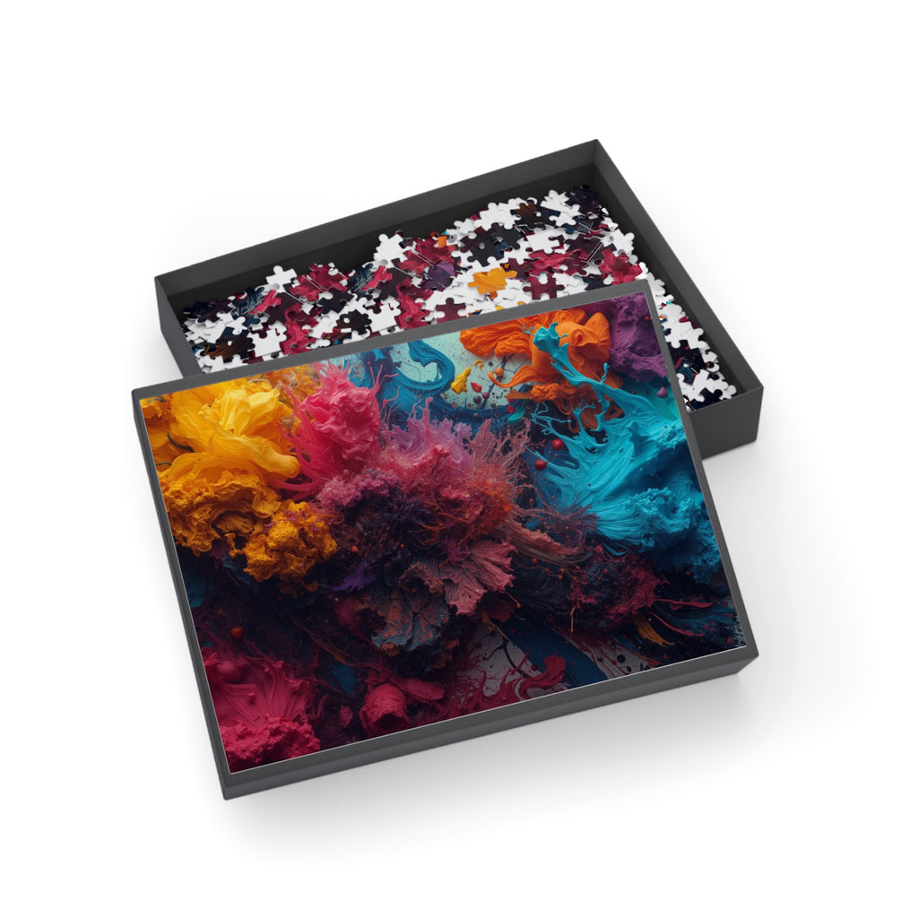 Goldenreef 500-piece jigsaw puzzle by Scattercrate — marigold and coral tones in a glowing reef-inspired abstract