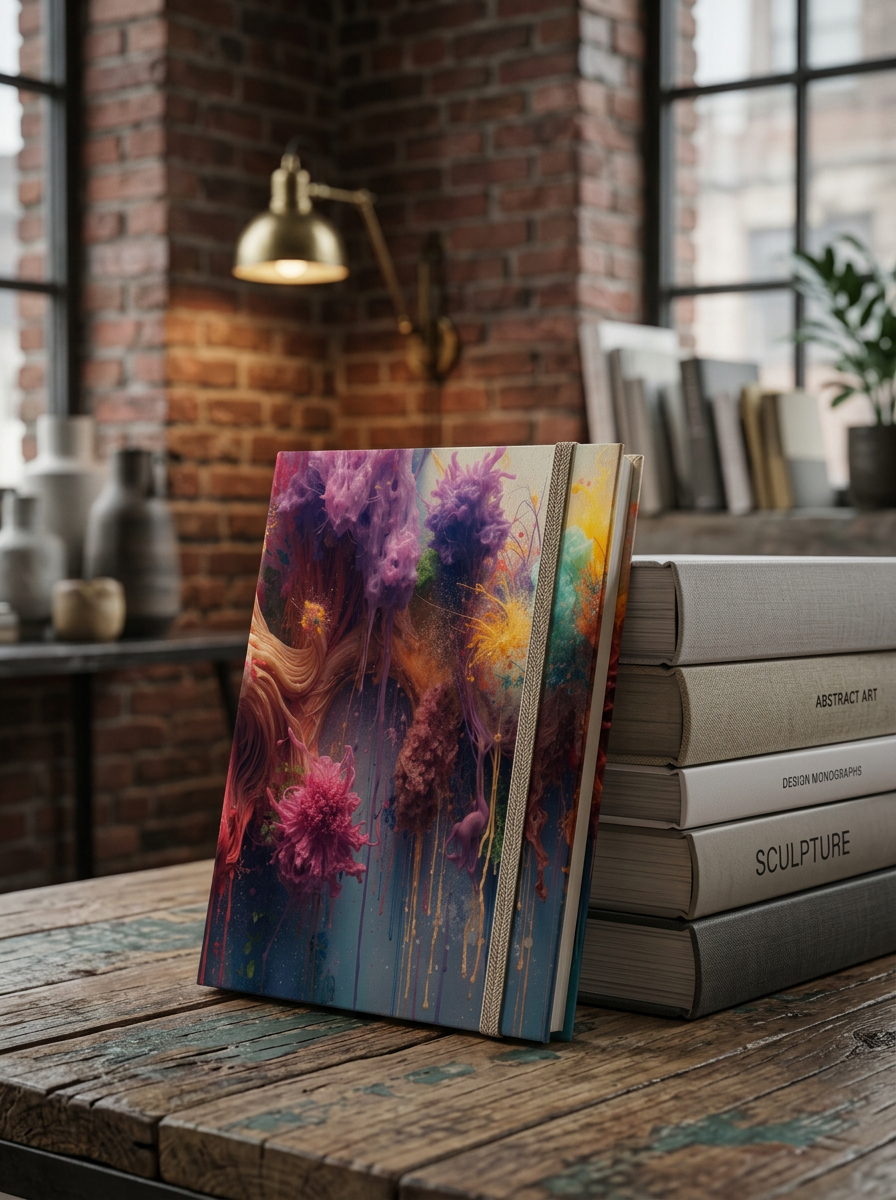Spectrumdrip hardcover journal by Scattercrate — gold, teal, magenta, and violet ink running in slow drips
