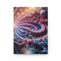 PULSAR radiant fractal burst hardcover journal by Scattercrate — amber and blue-violet spirals exploding from a point of light