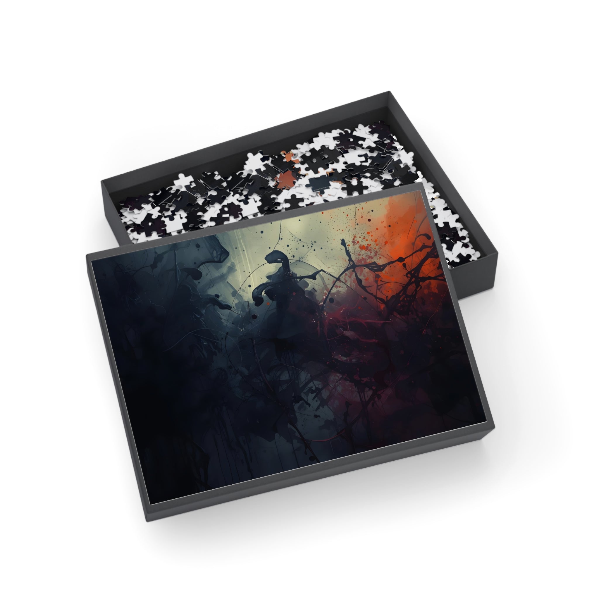 Inkscorch puzzle by Scattercrate — navy ink bleeding into firelit orange