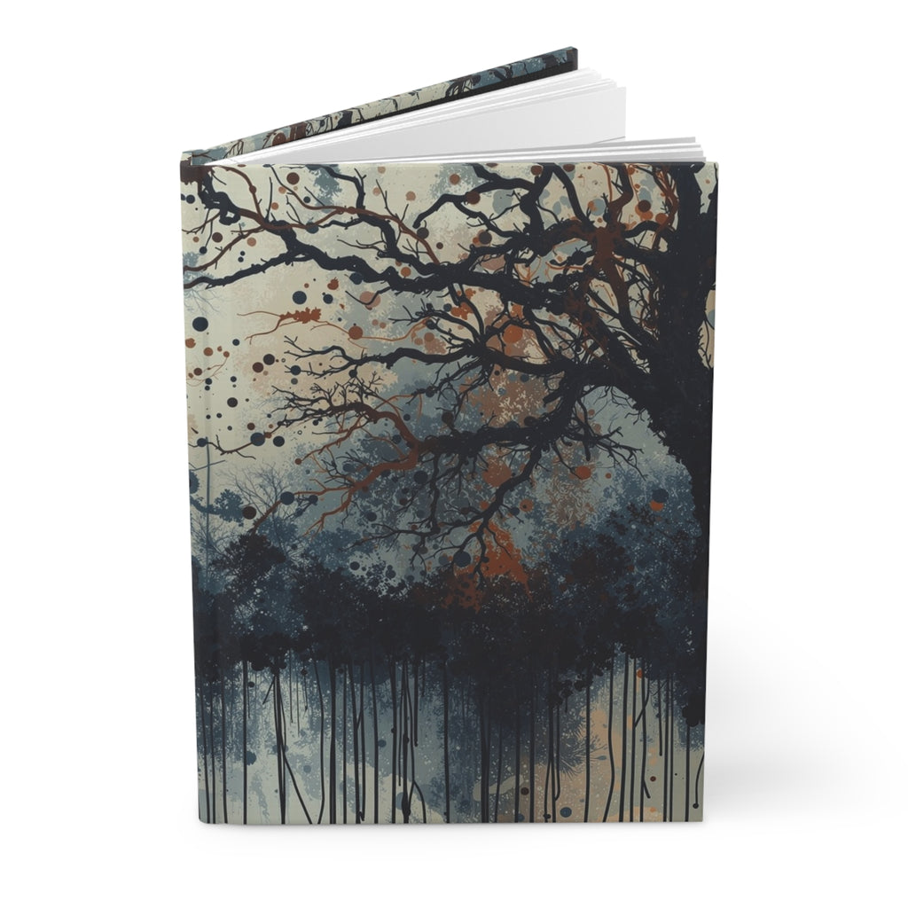 DUSKWOOD bare tree ink forest hardcover art journal by Scattercrate — misty winter copper splatters