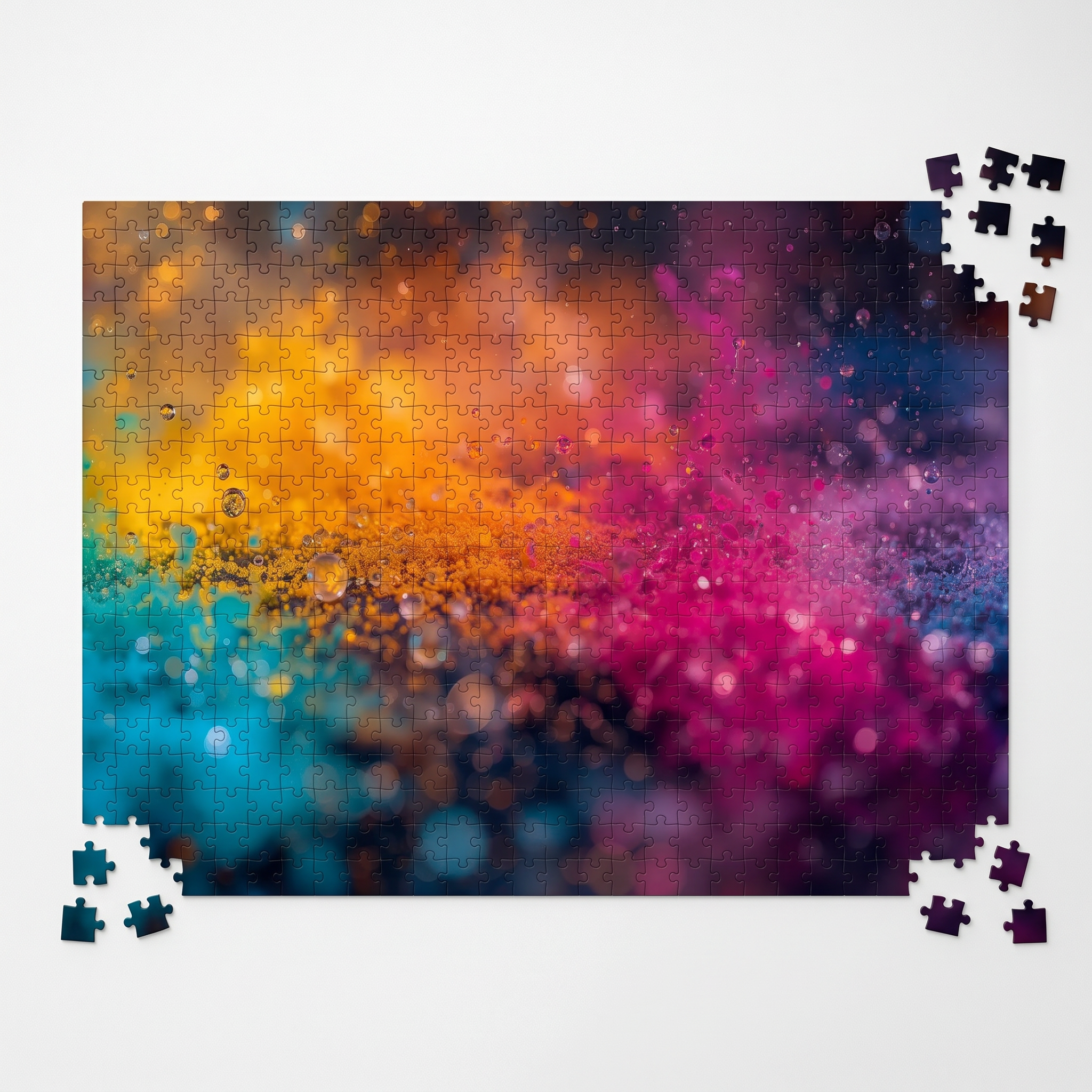 DEWBURST 1000-piece puzzle by Scattercrate — teal-to-magenta bokeh explosion
