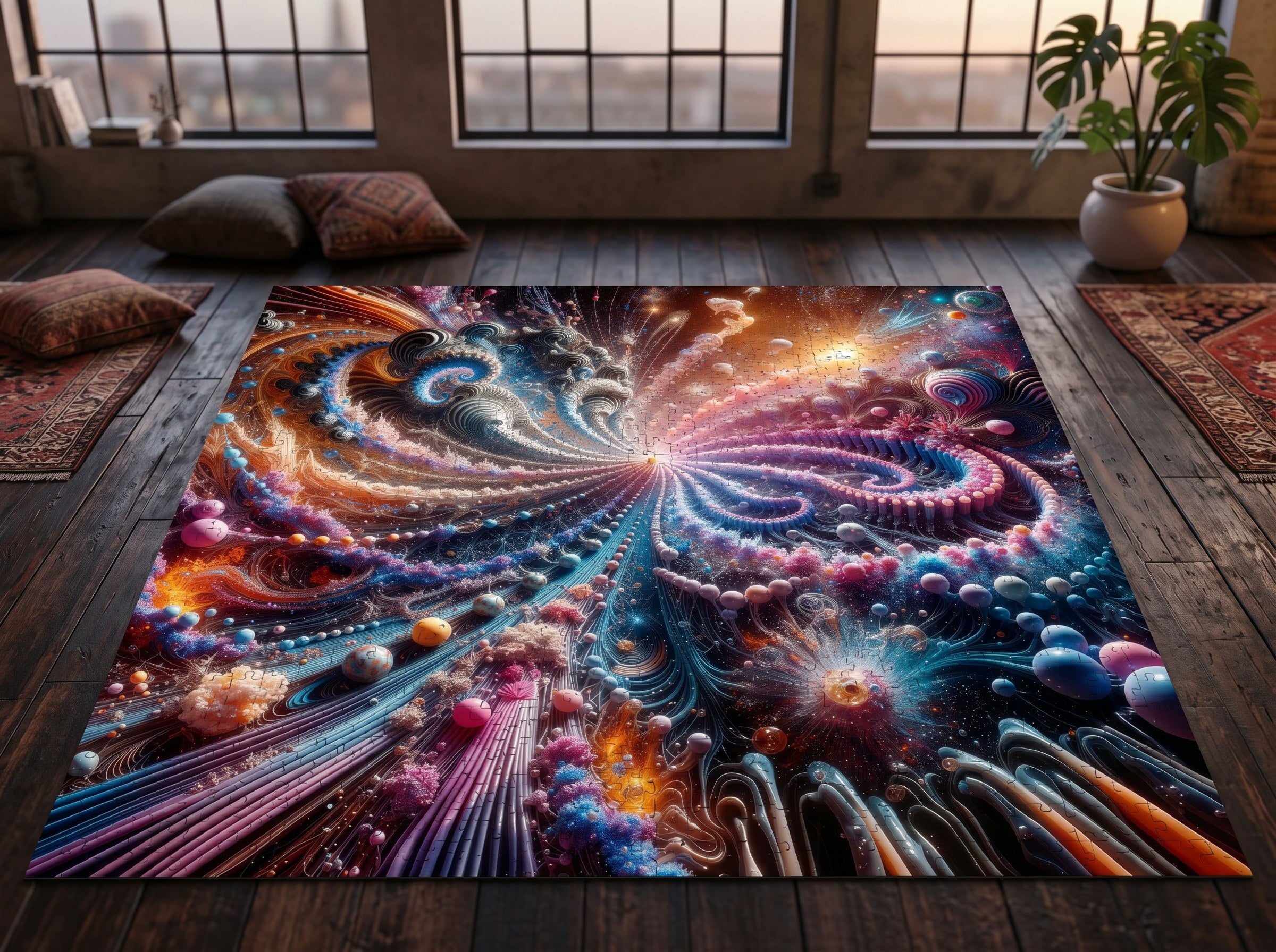 PULSAR radiant fractal burst jigsaw puzzle by Scattercrate — amber and blue-violet spirals exploding from a point of light