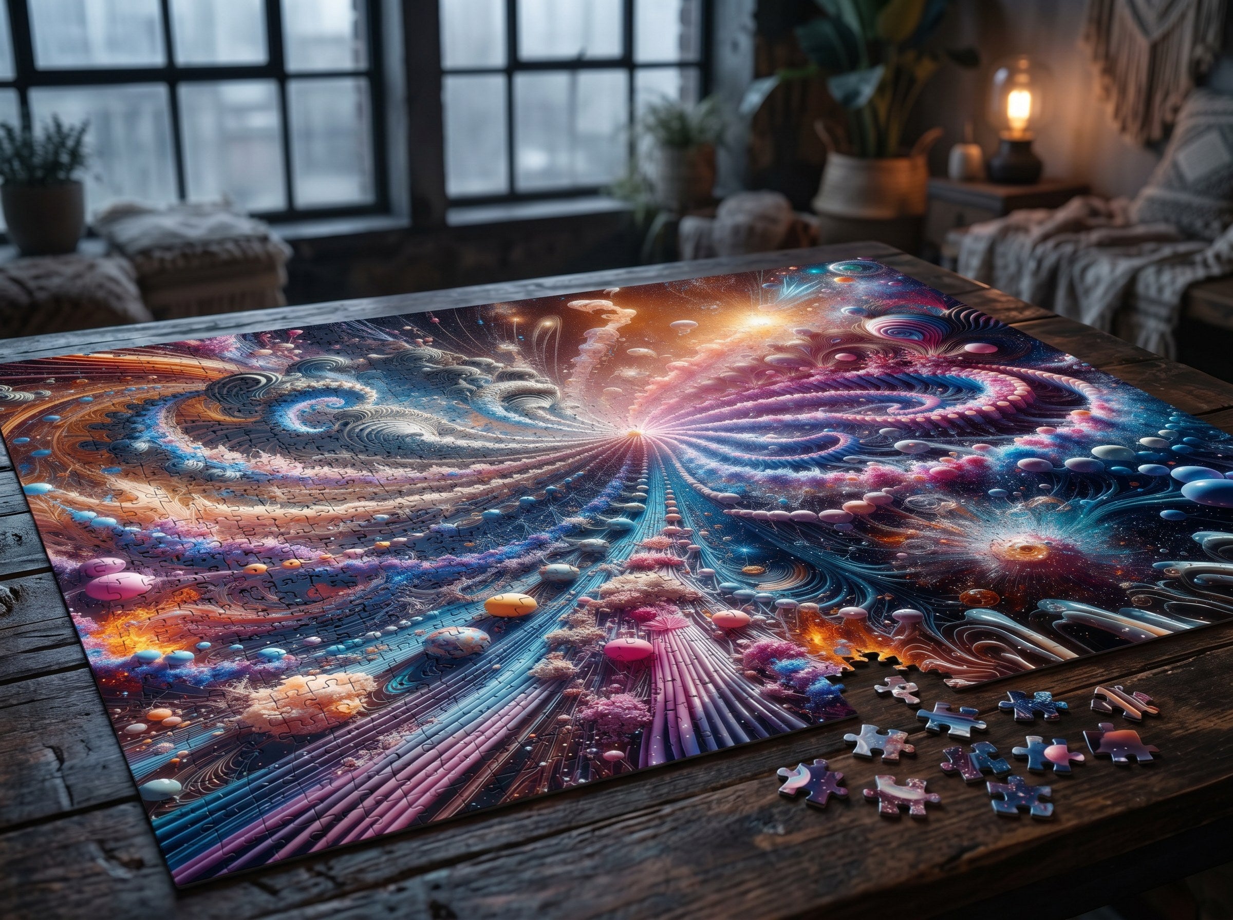 PULSAR radiant fractal burst jigsaw puzzle by Scattercrate — amber and blue-violet spirals exploding from a point of light