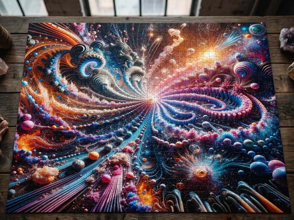 PULSAR radiant fractal burst jigsaw puzzle by Scattercrate — amber and blue-violet spirals exploding from a point of light