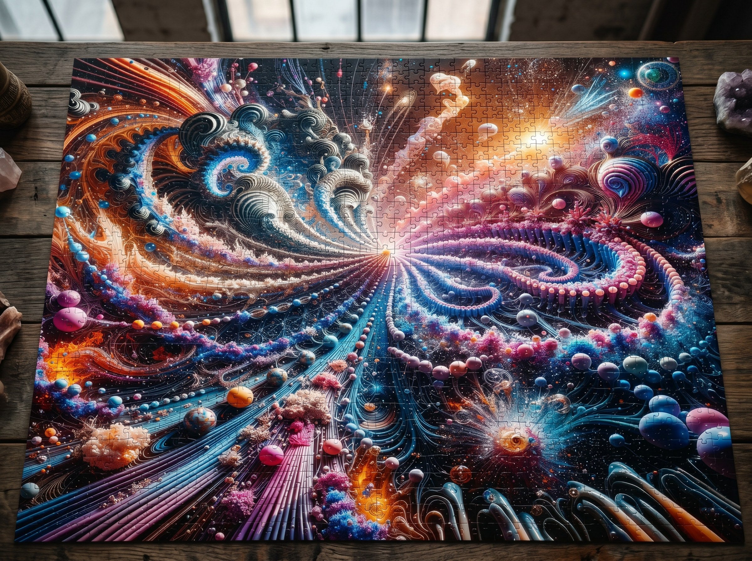 PULSAR radiant fractal burst jigsaw puzzle by Scattercrate — amber and blue-violet spirals exploding from a point of light