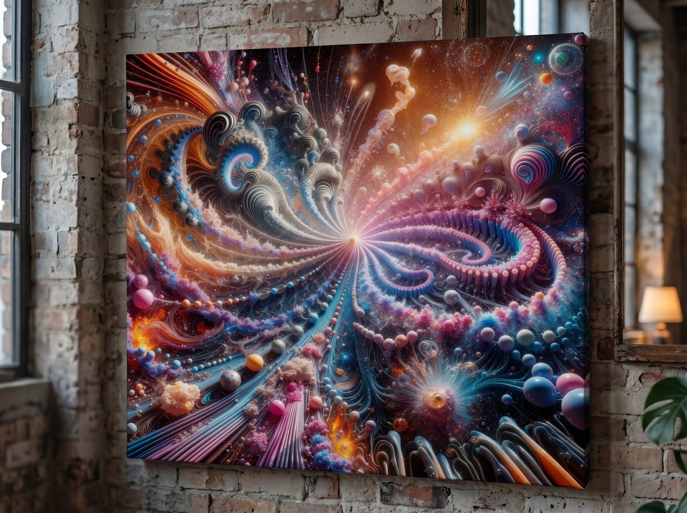 PULSAR radiant fractal burst canvas print by Scattercrate — amber and blue-violet spirals exploding from a point of light