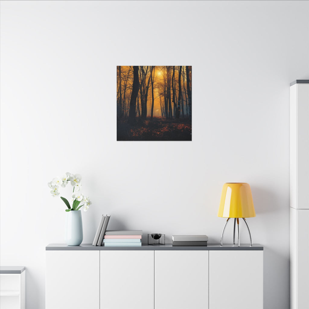 GOLDFALL molten gold dusk forest framed canvas wall art by Scattercrate — golden moody forest decor