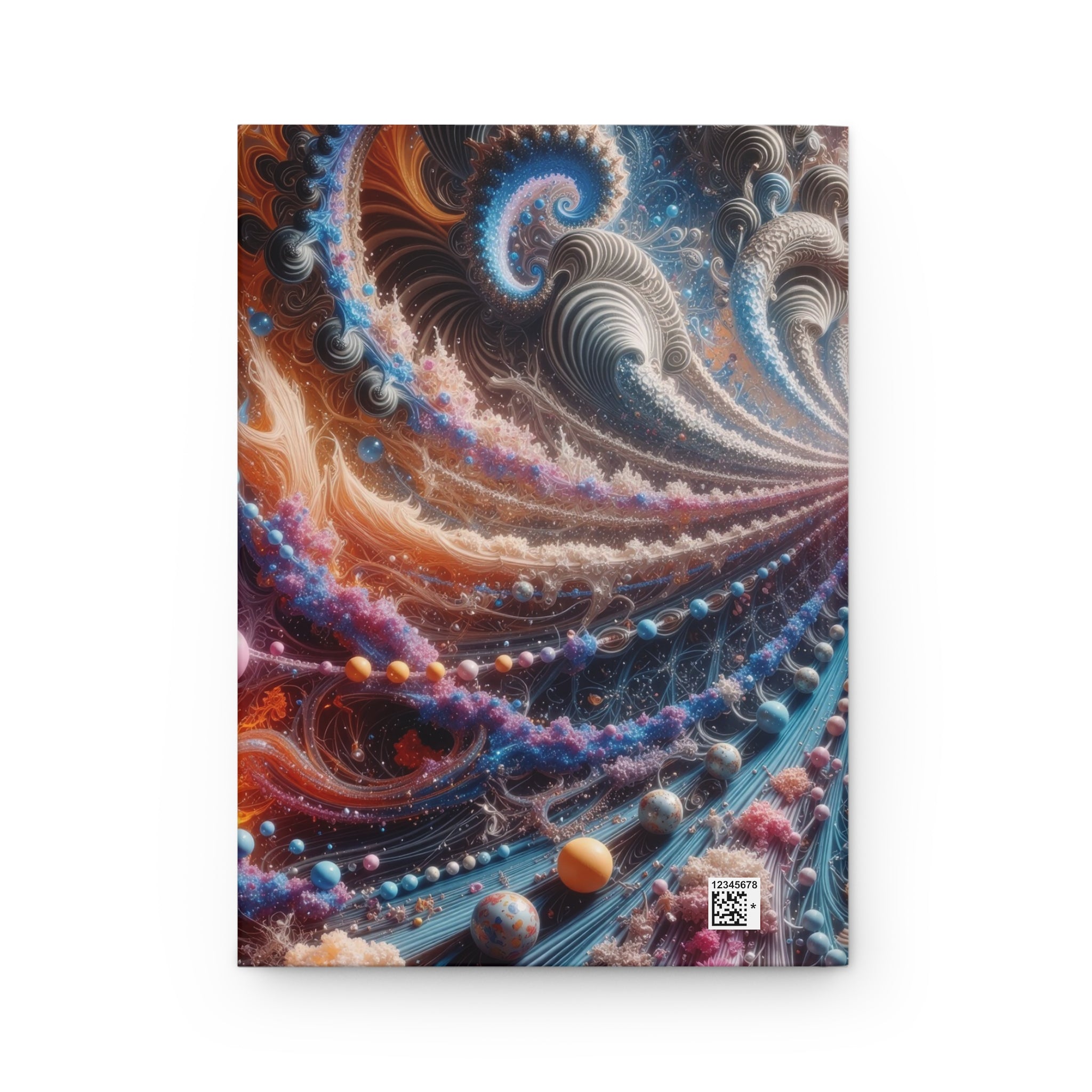 PULSAR radiant fractal burst hardcover journal by Scattercrate — amber and blue-violet spirals exploding from a point of light