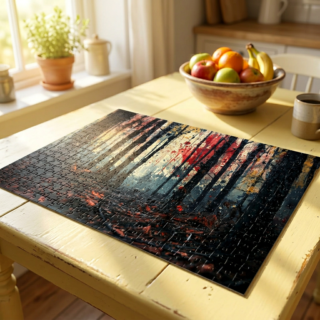HUSHWOOD 500-piece abstract forest art puzzle by Scattercrate — hushed moody forest jigsaw gift