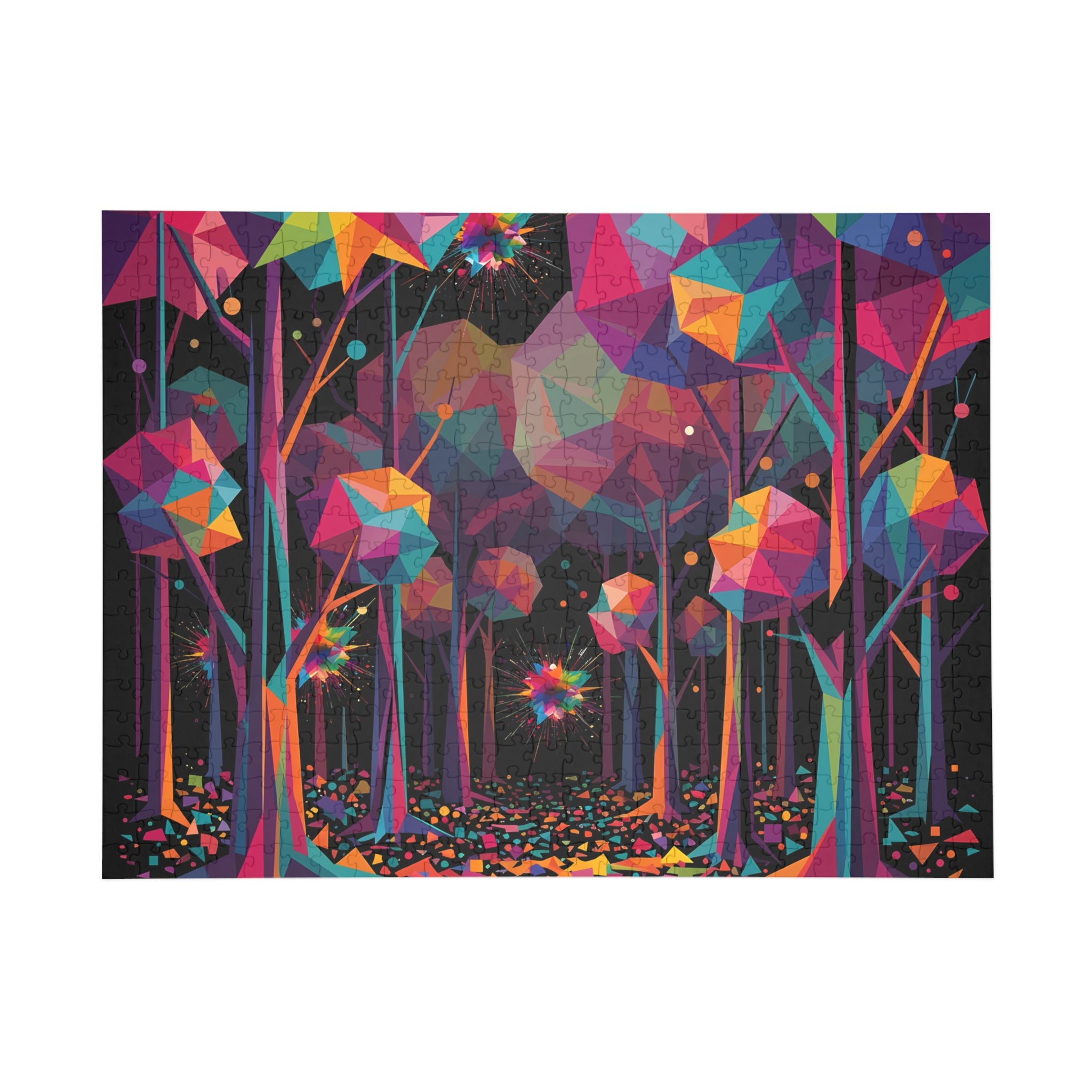 GEOMETRIC FOREST 500-piece art puzzle by Scattercrate — emerald and gold low-poly geometric forest