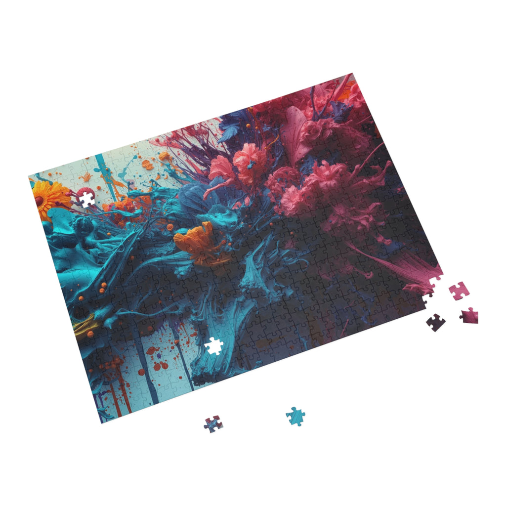 Marigoldtide 500-piece jigsaw puzzle by Scattercrate — turquoise ink tide with real marigold and dahlia blooms