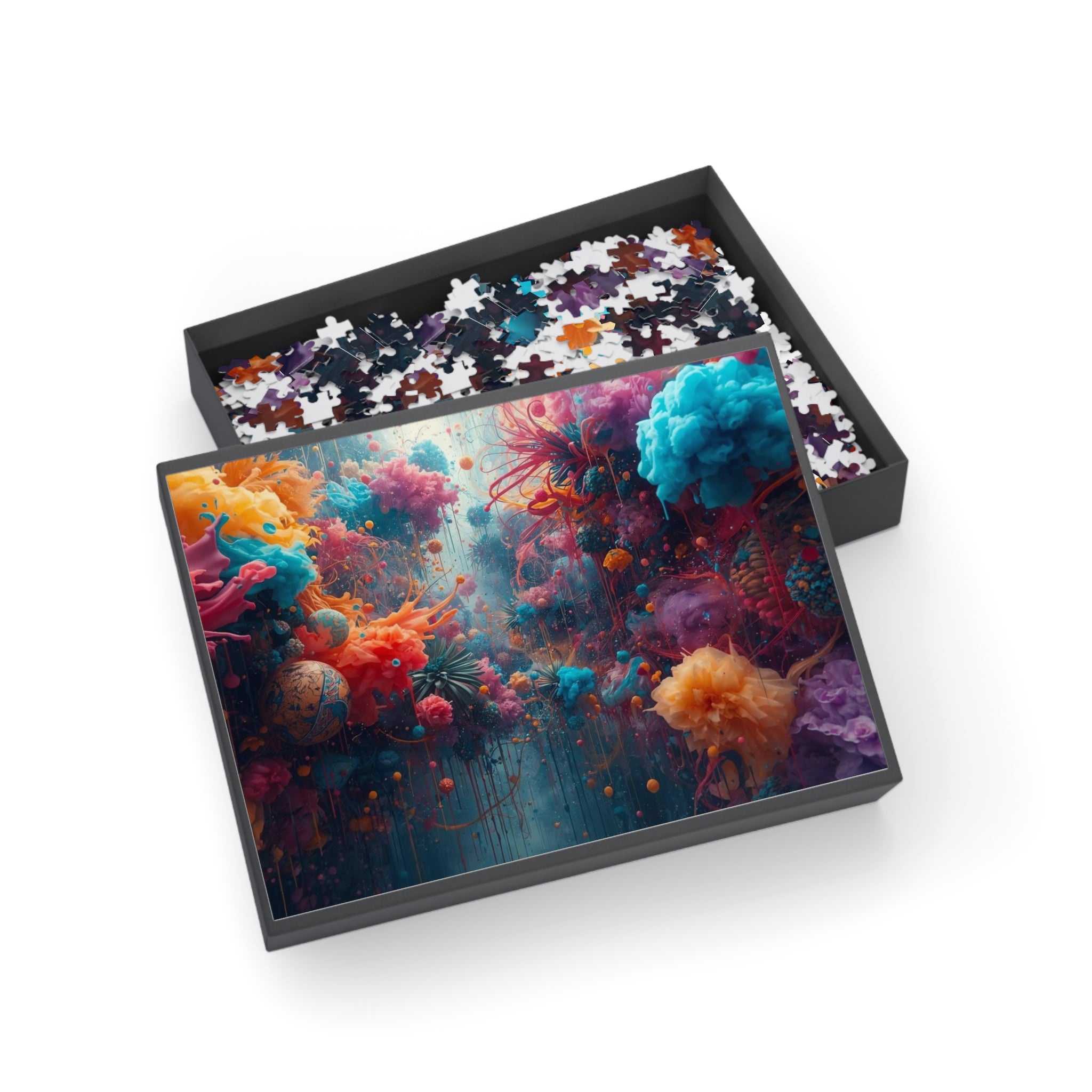 Bloomsurge 500-piece jigsaw puzzle by Scattercrate — abstract color splash art